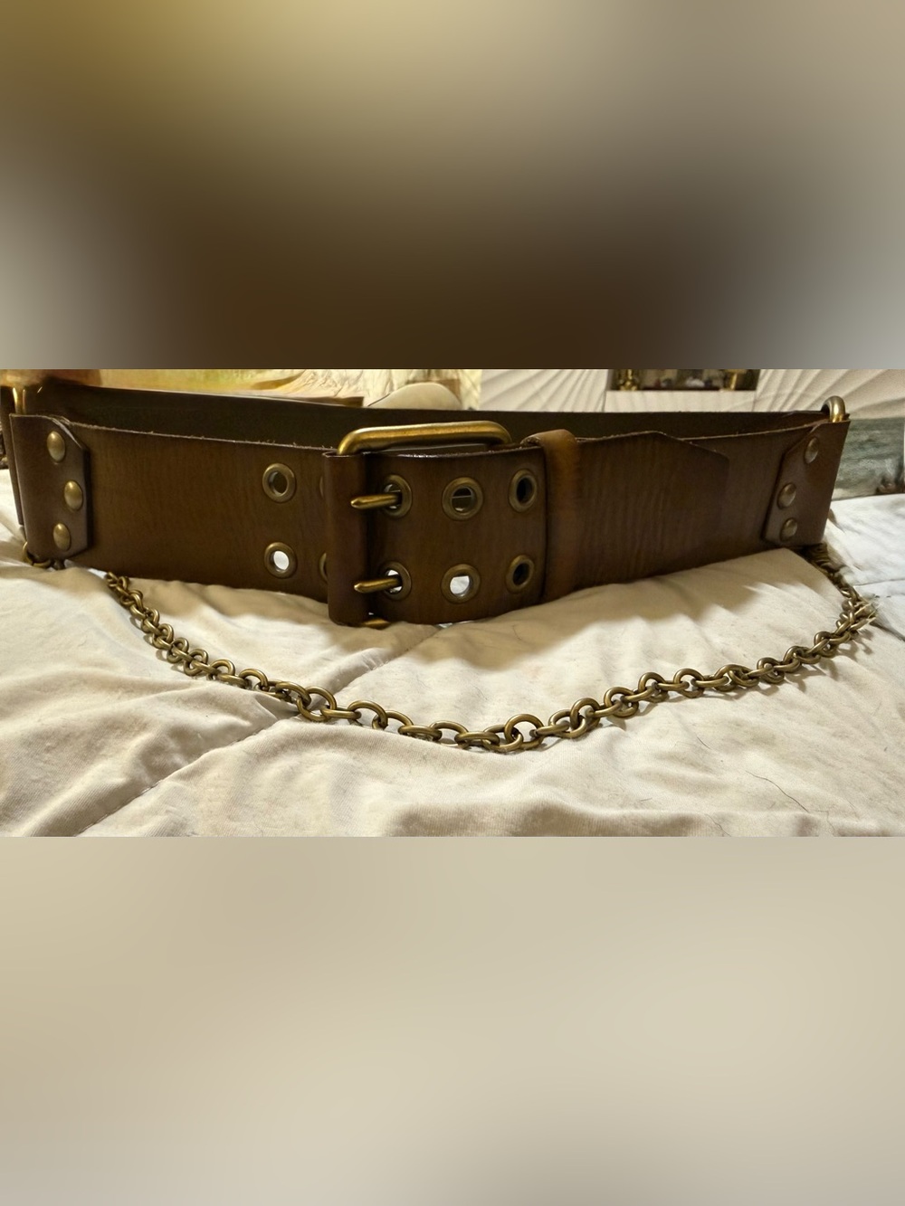Linea Pelle Wide Brown Leather Belt with Chain Trim